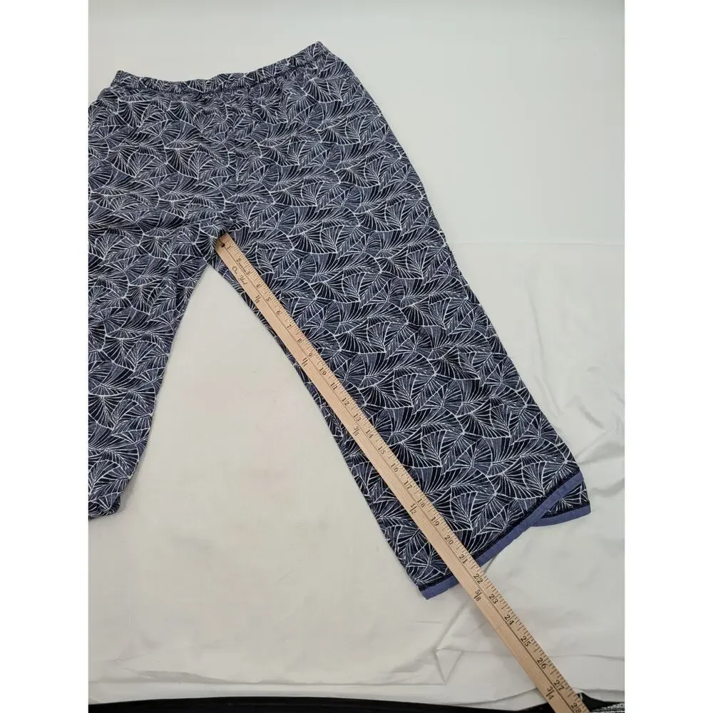 Garnet Hill 100% Green Cotton L Capri Cap Sleeve Pajama Set Blue Black Leaves